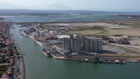Commercial-harbor-Port-la-Nouvelle-grain-silos-stockage-aerial-shot-sunny-day